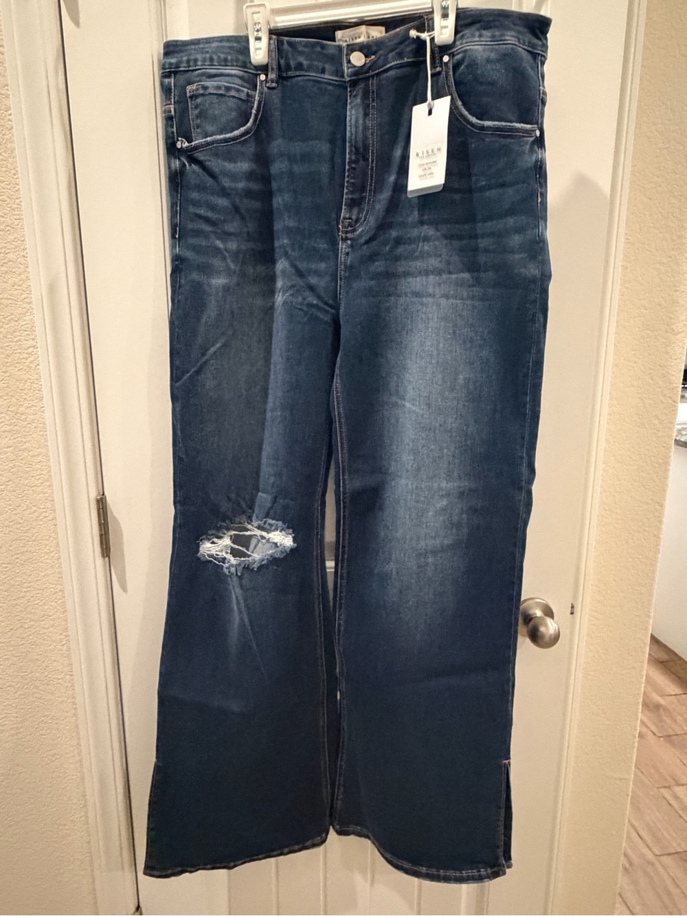 Women's Dark Blue High-Rise Wide-Leg Distressed Jeans